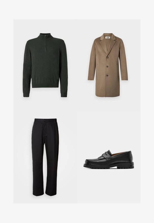 Brązowy wełniany płaszcz z wykładanym kołnierzem, trzema guzikami, bocznymi kieszeniami i gładką teksturą. Dopasowany krój o klasycznym wzornictwie.; Ciemnozielony sweter z długim rękawem, z kołnierzem na pół-zamek oraz ściągaczami na mankietach i u dołu, na jednolitym tle.; Czarne spodnie o prostym kroju, wykonane z lekkiego materiału. Posiadają przód zapinany na guzik oraz dwie boczne kieszenie; gładka tekstura.; Czarne skórzane mokasyny mają wyraźny szew, dwa dekoracyjne paski na górze oraz grubą, teksturowaną podeszwę dla lepszej przyczepności.