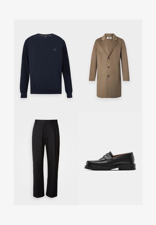 Brun ullkappa med slagkrage, tre knappar, sidofickor och en mjuk textur. Skräddarsydd passform med en klassisk design.; Marinblå tröja med rund halsringning i stickad tyg, med ribbade mudd och fåll. En cirkulär logotyp är placerad på bröstet.; Svarta byxor med rak passform, tillverkade av lättviktsmaterial. Har en knappsydd stängning fram och två sidofickor; slät textur.; Svarta läderloafers har en upphöjd söm, två dekorativa remmar på ovansidan och en tjock texturerad sula för ökat grepp.