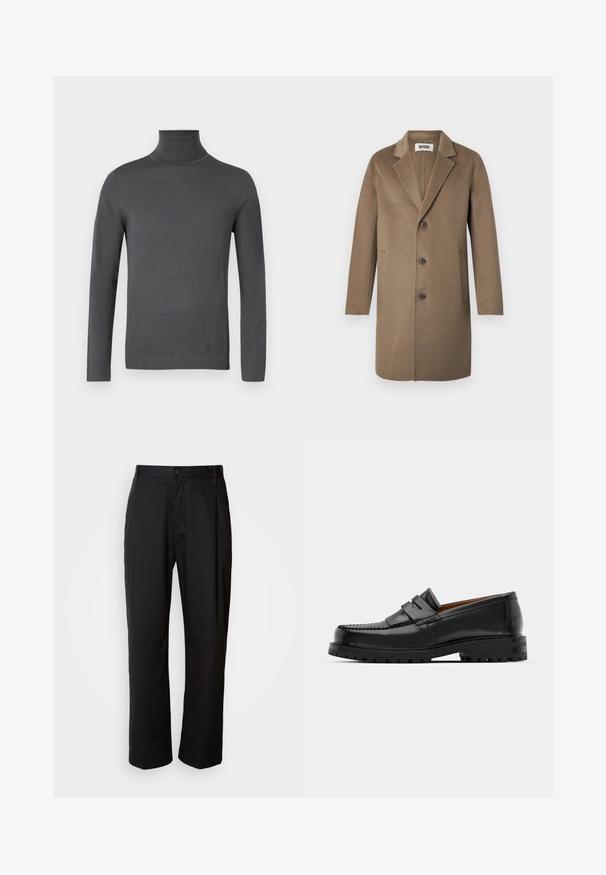 Brauner Wollmantel mit Reverskragen, drei Knöpfen, Seitentaschen und glatter Textur. Artikel mit taillierter Passform und klassischem Design.; Dunkelgrauer, langärmeliger Rollkragenpullover mit eng anliegenden Bündchen und einer glatten, feinen Strickstruktur auf einem weißen Hintergrund.; Schwarze Hosen mit geradem Schnitt, aus leichtem Stoff gefertigt. Verfügt über einen vorderen Knopfverschluss und zwei seitliche Taschen; glatte Textur.; Schwarze Lederloafer verfügen über eine erhöhte Naht, zwei dekorative Riemen im oberen Bereich und eine dicke, strukturierte Sohle für zusätzlichen Halt.