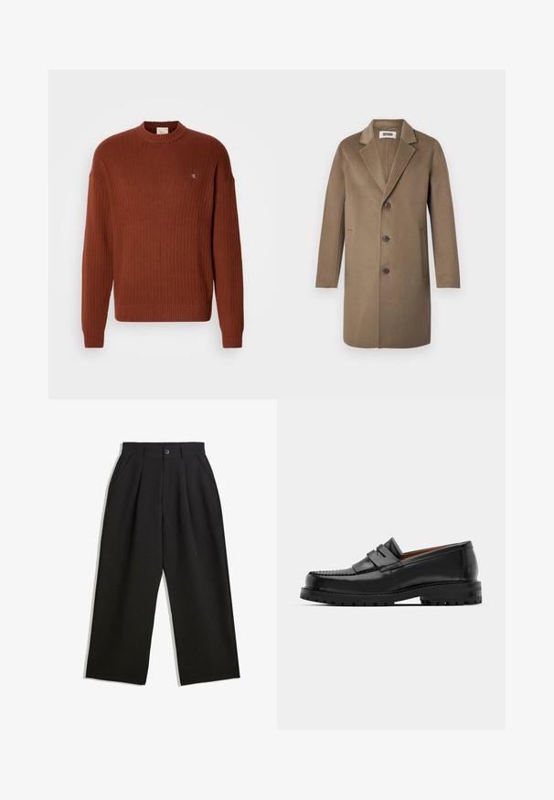 Brązowy wełniany płaszcz z wykładanym kołnierzem, trzema guzikami, bocznymi kieszeniami i gładką teksturą. Dopasowany krój o klasycznym wzornictwie.; Rdzawoczerwony sweter z prążkowanego materiału, z okrągłym dekoltem, z małym logo na piersi i luźnym krojem. Wykonany z teksturowanej przędzy.; Czarne spodnie o luźnym kroju, z zakładkami z przodu, kieszeniami po bokach i zapięciem na guzik. Wykonane z fakturowanej tkaniny.; Czarne skórzane mokasyny mają wyraźny szew, dwa dekoracyjne paski na górze oraz grubą, teksturowaną podeszwę dla lepszej przyczepności.