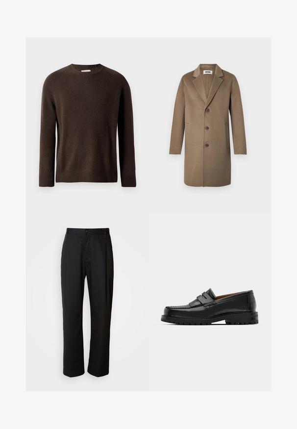 Manteau en laine brun avec un col cranté, trois boutons, poches latérales et une texture lisse. Coupe ajustée avec un design classique.; Pull en maille à manches longues de couleur marron avec des poignets et un ourlet côtelés, présenté sur un fond clair uni.; Pantalon noir à coupe droite, en tissu léger. Il dispose d'une fermeture à bouton sur le devant et de deux poches latérales ; texture lisse.; Des mocassins en cuir noir présentent une couture surélevée, deux sangles décoratives sur le dessus et une semelle épaisse et texturée pour une meilleure adhérence.