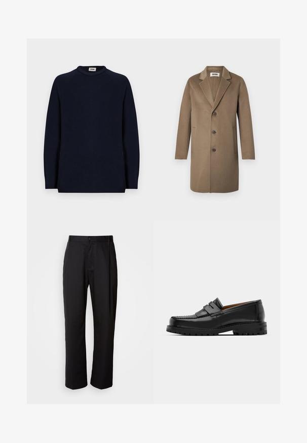 Brauner Wollmantel mit Reverskragen, drei Knöpfen, Seitentaschen und glatter Textur. Artikel mit taillierter Passform und klassischem Design.; Marineblaues Langarmpullover mit Rundhalsausschnitt und einem kleinen weißen Etikett innerhalb des Kragens, das "DRYKORN" liest.; Schwarze Hosen mit geradem Schnitt, aus leichtem Stoff gefertigt. Verfügt über einen vorderen Knopfverschluss und zwei seitliche Taschen; glatte Textur.; Schwarze Lederloafer verfügen über eine erhöhte Naht, zwei dekorative Riemen im oberen Bereich und eine dicke, strukturierte Sohle für zusätzlichen Halt.
