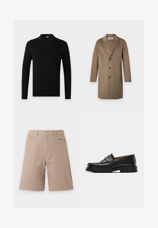Brauner Wollmantel mit Reverskragen, drei Knöpfen, Seitentaschen und glatter Textur. Artikel mit taillierter Passform und klassischem Design.; Schwarzes Langarm-Polohemd mit gerippter Textur, Drei-Knopf-Leiste und weichem Kragen. Einfaches und vielseitiges Design.; Beige Shorts aus strukturiertem Stoff mit vertikalen Streifen, einem Bund mit vorderer Knopfleiste und seitlichen Taschen.; Schwarze Lederloafer verfügen über eine erhöhte Naht, zwei dekorative Riemen im oberen Bereich und eine dicke, strukturierte Sohle für zusätzlichen Halt.