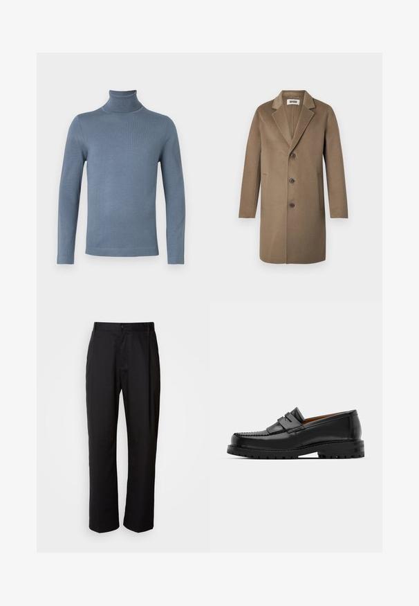 Manteau en laine brun avec un col cranté, trois boutons, poches latérales et une texture lisse. Coupe ajustée avec un design classique.; Pull en col roulé à manches longues de couleur bleu clair, avec une texture en maille lisse et un silhouette ajustée, sur fond blanc.; Pantalon noir à coupe droite, en tissu léger. Il dispose d'une fermeture à bouton sur le devant et de deux poches latérales ; texture lisse.; Des mocassins en cuir noir présentent une couture surélevée, deux sangles décoratives sur le dessus et une semelle épaisse et texturée pour une meilleure adhérence.