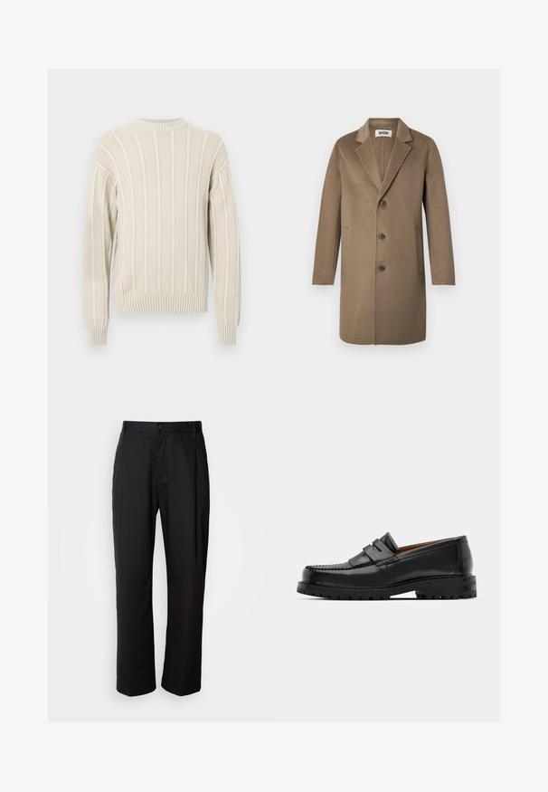 Brown wool overcoat with a notched lapel, three buttons, side pockets, and a smooth texture. Tailored fit with a classic design.; Light beige knitted sweater with ribbed texture, featuring vertical stripes, a round neckline, and ribbed cuffs and hem.; Black trousers with a straight cut, made of lightweight fabric. Features a front button closure and two side pockets; smooth texture.; Black leather loafers feature a raised seam, two decorative straps on the upper, and a thick textured sole for added grip.