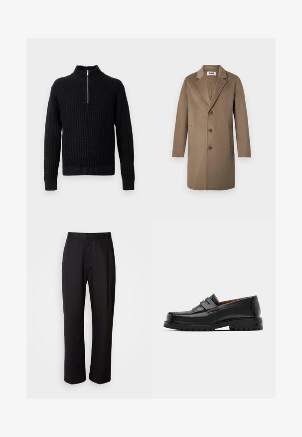 Ruskea villa-alusviitta, jossa on leikkauslapelilla, kolme nappia, sivutaskut ja sileä pinta. Muotoiltu istuvuus klassisella muotoilulla.; Musta neulottu villapaita korkealla kauluksella ja puolivetoketjulla. Teksturoitu vohvelikuvio, istuvat hihansuut ja alahelma.; Mustat suorat housut, jotka on valmistettu kevyestä kankaasta. Varustettu edessä nappikiinnityksellä ja kahdella sivutaskulla; sileä pinta.; Mustat nahka loafit sisältävät kohoavan sauman, kaksi koristeellista nauhaa yläosassa ja paksun teksturoidun pohjan parempaa pitoa varten.