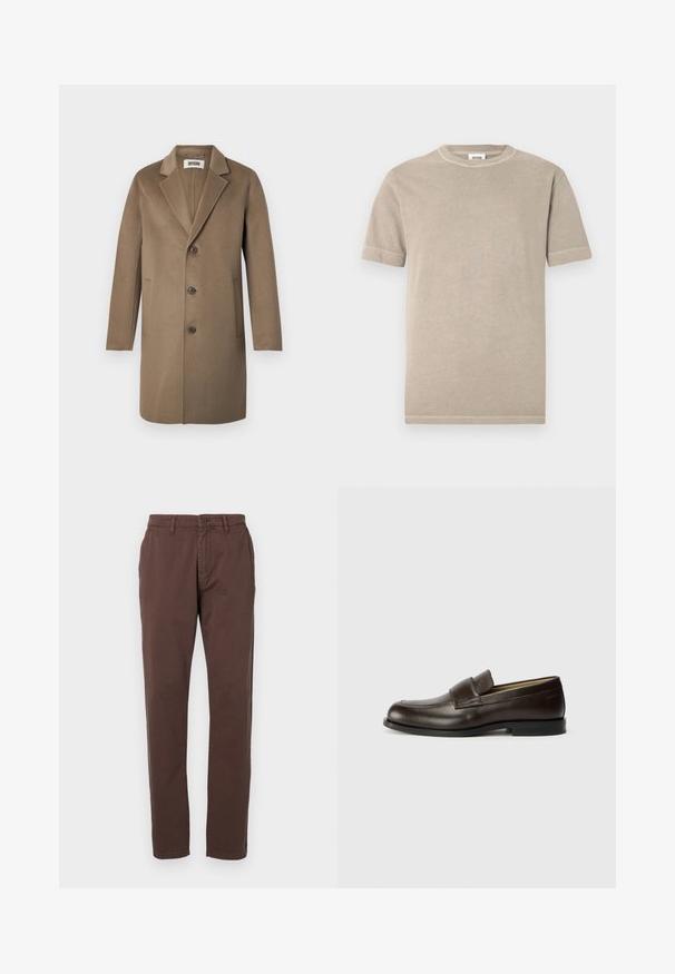 Brauner Wollmantel mit Reverskragen, drei Knöpfen, Seitentaschen und glatter Textur. Artikel mit taillierter Passform und klassischem Design.; Beiges Baumwoll-T-Shirt mit kurzen Ärmeln und rundem Ausschnitt. Sichtbare Nähte entlang der Ärmel und des Saums. Einfaches, glattes Gewebe.; Braune Baumwollchinos mit geradem Bein, ausgestattet mit einem vorderen Knopfverschluss und Seitentaschen. Glatte Textur mit klassischem Schnitt.; Calvin Klein Slipper - cocoa brown