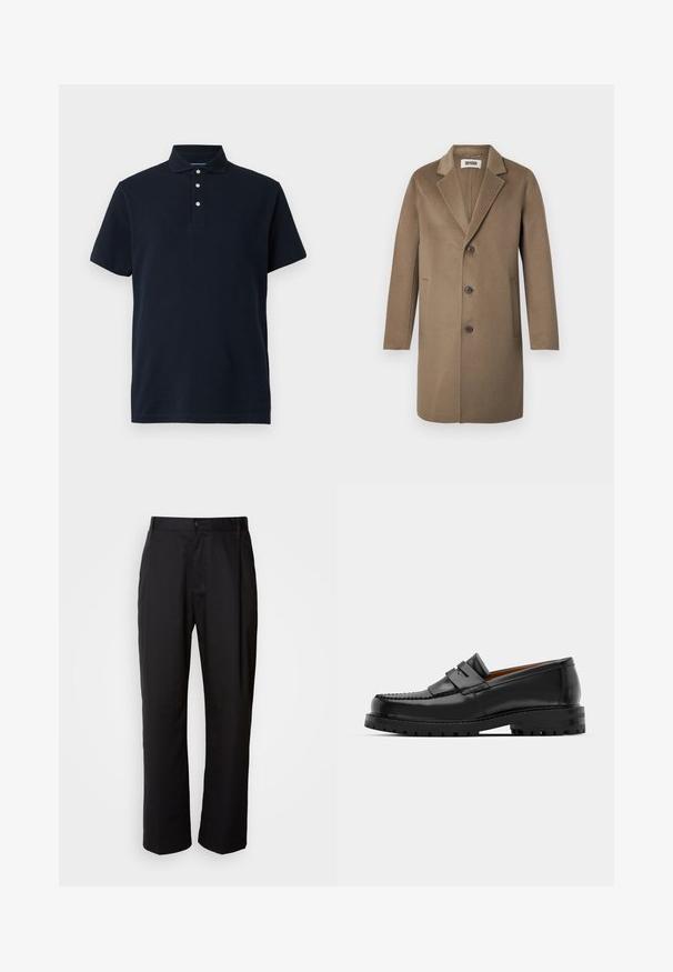 Hnědý vlněný kabát s klopami, třemi knoflíky, bočními kapsami a hladkým povrchem. Přiléhavý střih s klasickým designem.; Tmavě modré polo tričko s krátkým rukávem, límcem a třemi bílými knoflíky na léze, vystavené na jednobarevném pozadí.; Černé kalhoty s rovnými nohavicemi, vyrobené z lehké tkaniny. Mají přední zapínání na knoflík a dvě boční kapsy; hladká textura.; Černé kožené mokasíny mají zvýšený šev, dvě dekorativní pásky na svršku a silnou strukturovanou podrážku pro lepší přilnavost.