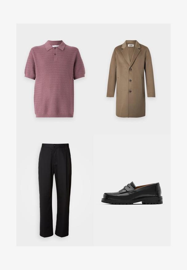 Brown wool overcoat with a notched lapel, three buttons, side pockets, and a smooth texture. Tailored fit with a classic design.; Short-sleeve polo shirt in mauve with a textured zigzag pattern, a pointed collar, and two buttons on the placket. Soft knit material.; Black trousers with a straight cut, made of lightweight fabric. Features a front button closure and two side pockets; smooth texture.; Black leather loafers feature a raised seam, two decorative straps on the upper, and a thick textured sole for added grip.