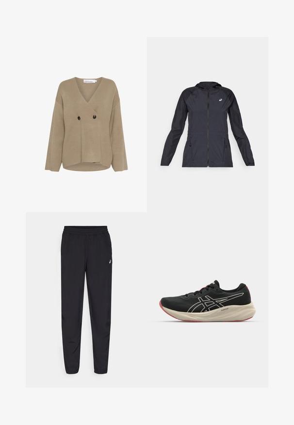 Črna lahka jakna s kapuco, popolnim zadrgo, dvema stranskima žepoma in kontrastnimi črnimi paneli na ramenih in rokavih.; Bež pleten pulover z V-izrezom, dvojnim zapenjanjem, dvema črnima gumboma in širokimi rokavi. Gladka tekstura z sproščenim krojem.; Črn atletski top brez rokavov, izdelan iz lahkega materiala. Ima okroglo ovratnico, obliko racerback in majhen beli logotip na sprednji strani.; Črne športne hlače z elastičnim pasom, zoženimi nogavicami z manšetami, izdelane iz lahkotnega, gladkega materiala, z majhnim logotipom na stegnu.; Črne tekaške copate z mrežasto zgornjim delom in belimi detajli. Imajo udobno srednjo podplato in rdeč podplat. Lahka zasnova.