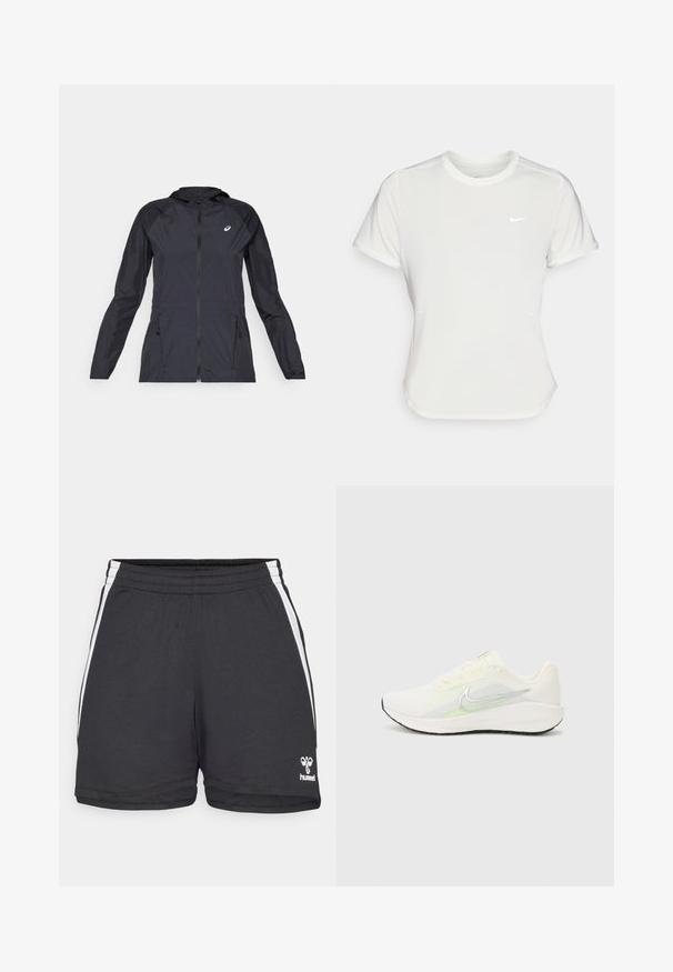 Casaco leve preto com capuz, zíper completo, dois bolsos laterais e painéis pretos contrastantes nos ombros e mangas.; T-shirt da Nike em branco, mangas curtas, decote redondo, feito de um tecido liso e leve. Apresenta um logo discreto no peito.; Calções atléticos pretos com um acabamento texturizado, apresentando riscas brancas nas laterais e um pequeno logótipo no lado inferior direito. Cintura elástica.; Nike Performance DOWNSHIFTER 13 - Sapatos para corrida em estrada - sail/silver-coloured photon dust/summit white/barely volt/black