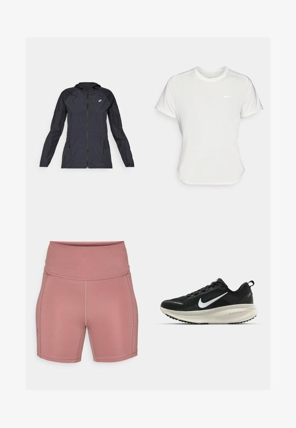 Zwarte lichtgewicht jas met capuchon, volle rits, twee zijzakken en contrasterende zwarte panelen op de schouders en mouwen.; Nike T-shirt in het wit, korte mouwen, ronde halslijn, gemaakt van een gladde, lichte stof. Bevat een subtiele logo op de borst.; Under Armour MIDDIE SHORT - Tights - maroon mist/dark maroon; Zwarte Nike hardloopschoen met ademend mesh bovenwerk, witte swoosh-logo, gestructureerde details en een crèmekleurige ZoomX middenzool.