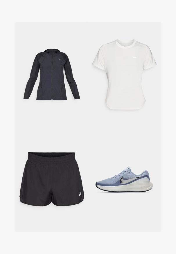 Czarna, lekka kurtka z kapturem, z pełnym zamkiem błyskawicznym, dwoma bocznymi kieszeniami oraz kontrastującymi czarnymi panelami na ramionach i rękawach.; Koszulka Nike w kolorze białym, z krótkimi rękawami, okrągłym dekoltem, wykonana z gładkiego, lekkiego materiału. Posiada subtelne logo na piersi.; Czarne sportowe szorty z elastycznym pasek, gładką teksturą, zaokrąglonym dołem i siateczkowymi akcentami po bokach. Mają małe logo z przodu.; Jasnoniebieski i biały but do biegania Nike z srebrnym logo, oddychający siateczkowy cholewką, amortyzowaną podeszwą i czarnym bieżnikiem.