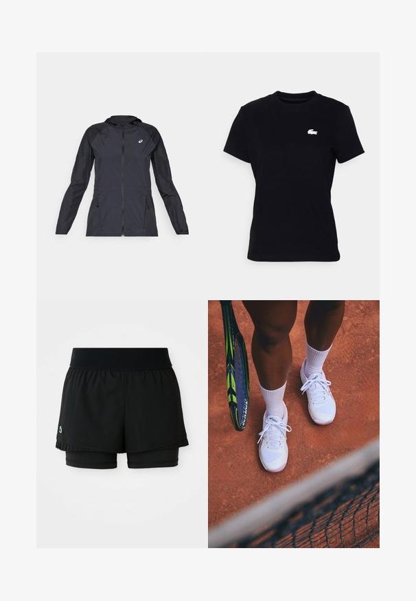 Jachetă ușoară neagră cu glugă, fermoar complet, două buzunare laterale și panouri contrastante negre pe umeri și mâneci.; Tricou negru din bumbac, cu mâneci scurte și guler rotund, având un mic logo Lacoste alb plasat pe partea stângă a pieptului.; Shorts atleți negri cu un strat exterior pliat și pantaloni scurți interiori ajustați. Au un talie ribbed pentru confort și flexibilitate.; Adidași albi de tenis cu panouri din plasă și accente roz, asociați cu șosete albe, așezați pe un teren de argilă, cu o rachetă de tenis în apropiere.