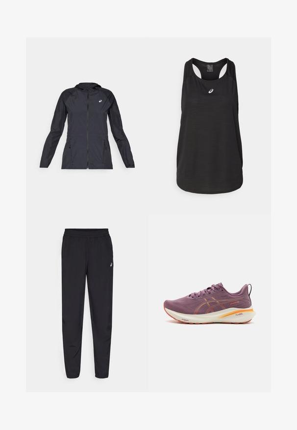 Črna lahka jakna s kapuco, popolnim zadrgo, dvema stranskima žepoma in kontrastnimi črnimi paneli na ramenih in rokavih.; Črn atletski top brez rokavov, izdelan iz lahkega materiala. Ima okroglo ovratnico, obliko racerback in majhen beli logotip na sprednji strani.; Črne športne hlače z elastičnim pasom, zoženimi nogavicami z manšetami, izdelane iz lahkotnega, gladkega materiala, z majhnim logotipom na stegnu.; Vijolični tekaški čevelj z teksturiranim zgornjim delom, oranžnimi poudarki, oblazinjeno podplatom in izrazitim logotipom na strani. Ima vezalke in zadnji trak.