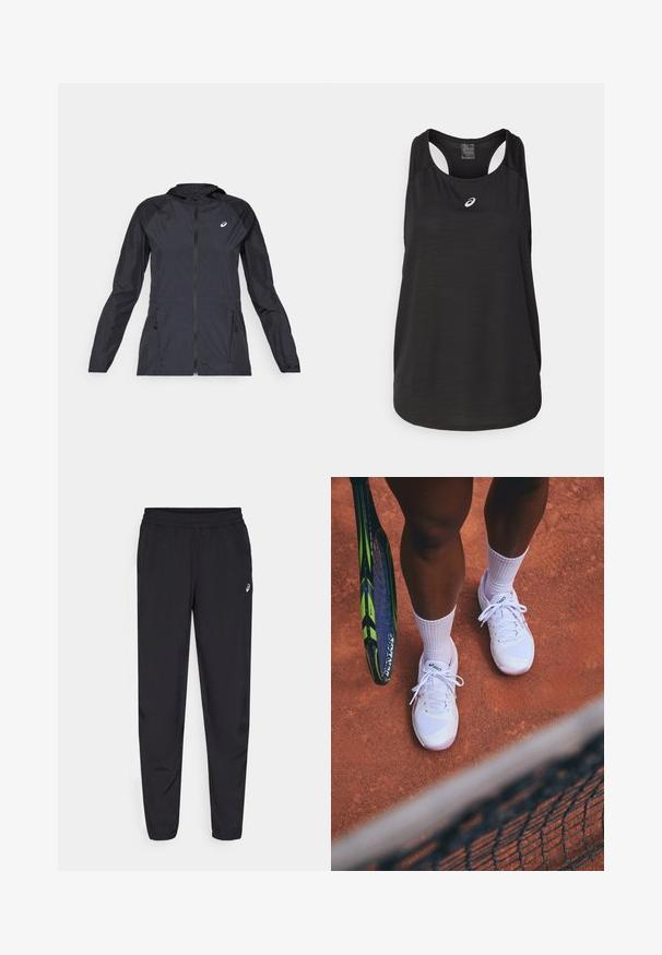 Veste légère noire avec capuche, fermeture éclair intégrale, deux poches latérales et panneaux noirs contrastants sur les épaules et les manches.; Débardeur de sport noir en tissu léger. Présente un col rond, un design dos nageur et un petit logo blanc à l'avant.; Pantalons de sport noirs avec une taille élastique, des jambes fuselées avec des poignets, fabriqués dans un matériau léger et lisse, et un petit logo sur la cuisse.; Baskets de tennis blanches avec des panneaux en maille et des accents roses, associées à des chaussettes blanches, positionnées sur un court en terre battue avec une raquette de tennis à proximité.