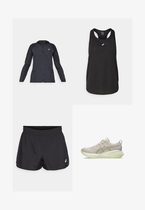 Črna lahka jakna s kapuco, popolnim zadrgo, dvema stranskima žepoma in kontrastnimi črnimi paneli na ramenih in rokavih.; Črn atletski top brez rokavov, izdelan iz lahkega materiala. Ima okroglo ovratnico, obliko racerback in majhen beli logotip na sprednji strani.; Črne atletske kratke hlače z elastičnim pasom, gladko teksturo, ukrivljenim robom in stranskimi mrežastimi detajli. Na sprednji strani vsebujejo majhen logo.; Svetlo sivi atletski čevelj z gladkim tekstilnim zgornjim delom, rumeno-zelenimi poudarki, teksturiranim podplatom in tradicionalnim sistemom vezalk.