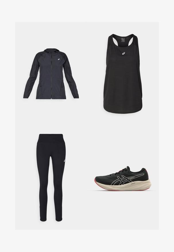 Musta kevyt takki hupulla, täysin vetoketjullinen, kahdella sivutaskulla ja kontrastoivilla mustilla paneeleilla hartioissa ja hihoissa.; Mustat urheilulliset hihaton paita, joka on valmistettu kevyestä kankaasta. Siinä on pyöreä kaula-aukko, urheilullinen selkämuotoilu ja pieni valkoinen logo edessä.; Mustat leggingsit, joissa on korkea vyötärö, valmistettu venyvästä materiaalista, ja jotka sisältävät pienen valkoisen logon vasemmassa alakulmassa.; Mustapohjainen juoksukenkä, jossa on verkkokangasta ja valkoisia yksityiskohtia. Varustettu pehmeällä välipohjalla ja punaisella pohjakuvioinnilla. Kevyt muotoilu.