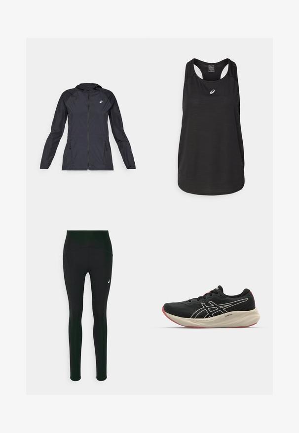 Čierna ľahká bunda s kapucňou, plným zipsom, dvoma bočnými vreckami a kontrastnými čiernymi panelmi na pleciach a rukávoch.; Čierny športový top na ramienka vyrobený z ľahkého materiálu. Má okrúhly výstrih, dizajn s prekríženými ramienkami a malú bielu značku na prednej strane.; Čierne legíny s vysokým pásom, ktoré majú hladkú textúru a bočné vrecká. Jemné reflexné akcenty a detail loga sú prítomné.; Čierna bežecká obuv s vrchnou časťou z mriežky a bielymi akcentmi. Obsahuje vyžarovaný stredný podrážku a červené detaily na podrážke. Ľahká konštrukcia.