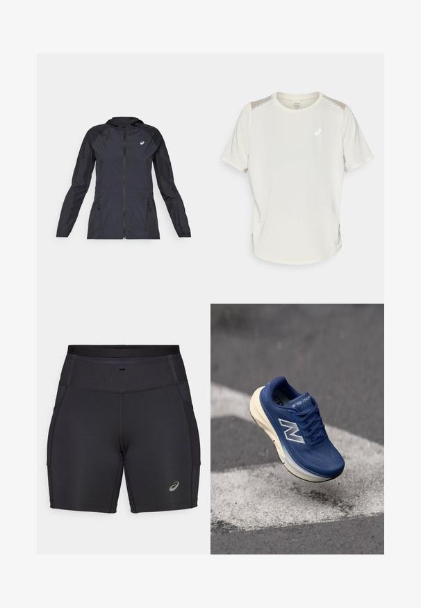 Crna lagana jakna s kapuljačom, punim zatvaračem, dva bočna džepa i kontrastne crne panele na ramenima i rukavima.; Kremasta kratka sportsku majicu s kratkim rukavima, okruglim izrezom, mrežastim naglascima na ramenima i reflektirajućim logotipom na prednjoj strani.; Crne atletske kratke hlače od rastezljivog materijala. Imaju visok, rebrasti pojas i bočne džepove. Uključuju reflektirajući logo akcent.; Plave trkačke tenisice s mrežastim gornjim dijelom, umjerenim potplatom i vidljivim šavovima. Imaju svijetlu srednju potplat i crni donji dio.
