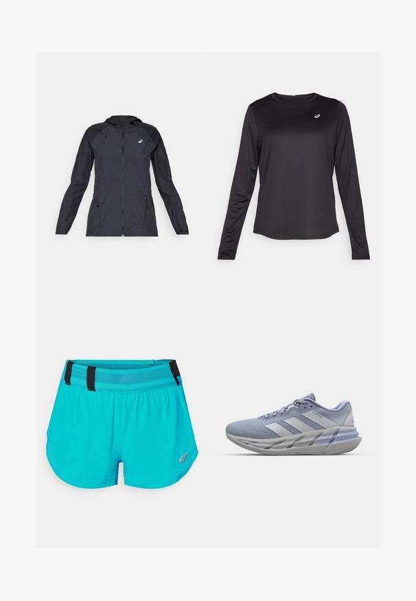 Must tume kerge jope kapuutsiga, täispikk tõmblukk, kaks küljetaskut ja kontrastsed mustad paneelid õlgadel ja varrukatel.; Must nagu must pika varrukaga sportlik särk, mis on valmistatud kergest kangast. Omab ümarat kaelust ja väikest logo rinnal. Sile tekstuur.; ASICS METARUN SPLIT SHORT - Spordišortsid - wave teal; Heled sinised spordijalatseid tekstuuriga pealmise osaga, hõbedaste aktsentidega ja paksu halli põhjaga, millel on kihiline disain. Kaasa kuuluvad paelad ja pehmendatud pahkluu äär.