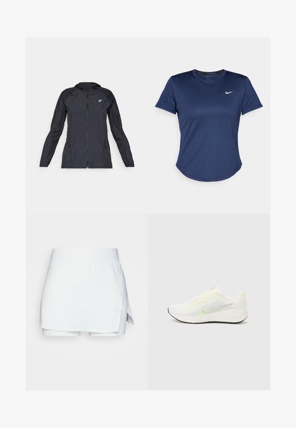 Jachetă ușoară neagră cu glugă, fermoar complet, două buzunare laterale și panouri contrastante negre pe umeri și mâneci.; Tricou sportiv de culoare bleu marin, cu mâneci scurte, decolteu rotund și logo-ul Nike pe piept. Fabricat dintr-un material neted și ușor.; Fustă scurtă albă dintr-un material elastic și moale. Prezintă o talie înaltă și o deschidere pe lateral. Include pantaloni scurți integrați pentru acoperire și confort.; Nike Performance DOWNSHIFTER 13 - Pantofi de alergare pe asfalt - sail/silver-coloured photon dust/summit white/barely volt/black
