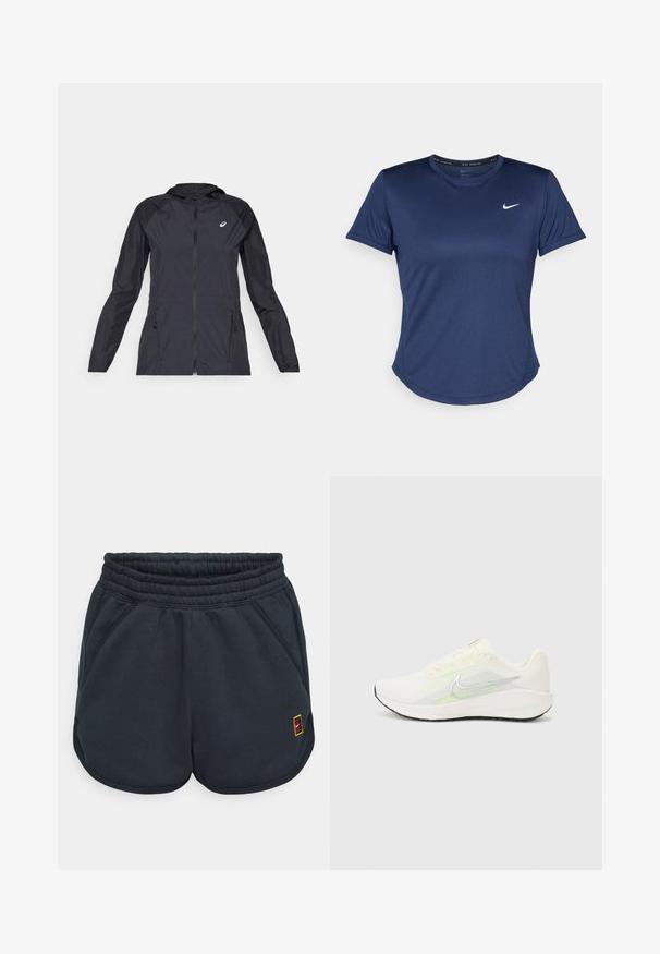 Casaco leve preto com capuz, zíper completo, dois bolsos laterais e painéis pretos contrastantes nos ombros e mangas.; T-shirt atlético azul-marinho com mangas curtas, decote redondo e logótipo da Nike no peito. Feito de um tecido liso e leve.; Calções desportivos cinza-escuro feitos de tecido suave, com um cós elástico, bolsos laterais e um pequeno logotipo multicolorido na bainha.; Nike Performance DOWNSHIFTER 13 - Sapatos para corrida em estrada - sail/silver-coloured photon dust/summit white/barely volt/black