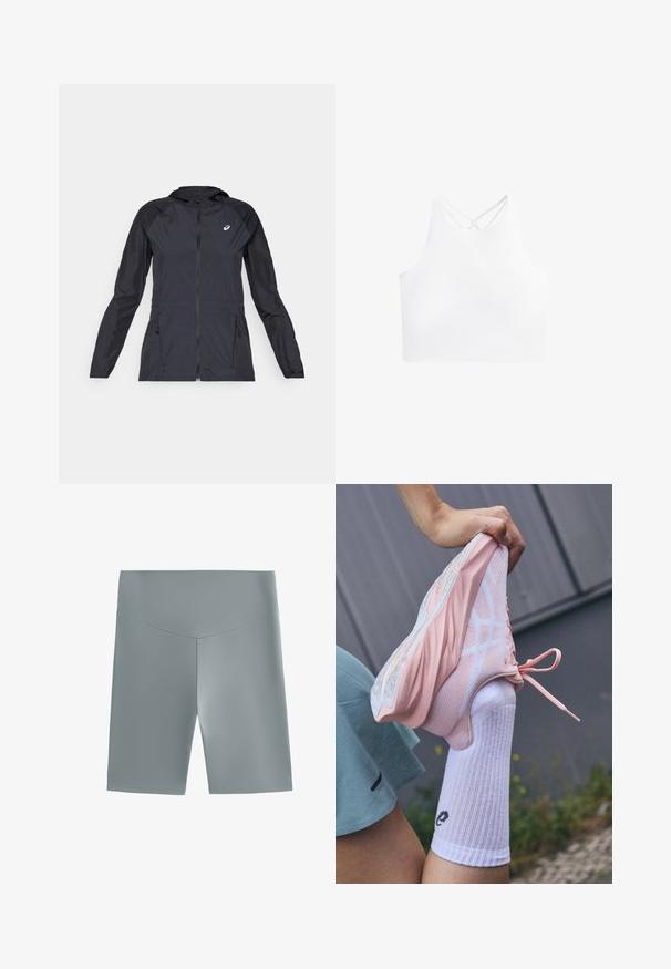 Čierna ľahká bunda s kapucňou, plným zipsom, dvoma bočnými vreckami a kontrastnými čiernymi panelmi na pleciach a rukávoch.; Biely športový crop top s vysokým výstrihom a dvojitými krížovými ramienkami na chrbte, vyrobený z hladkej, elastickej textílie.; Svetlo šedé športové šortky vyrobené z hladkej, elastickej tkaniny, s vysokým pásom a priliehavým strihom, ktorý obsahuje jednoduché švy.; Svetloružová atletická topánka s meshovými a pevným prekrytím, zdvihnutou podrážkou a bielymi akcentmi, v kombinácii s bielou rebrovanou ponožkou so štítkom.