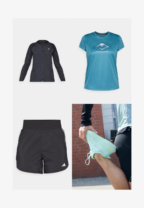 Veste légère noire avec capuche, fermeture éclair intégrale, deux poches latérales et panneaux noirs contrastants sur les épaules et les manches.; T-shirt de sport à manches courtes en teal, fabriqué en tissu lisse, avec un graphique de montagne en rose et le texte "ASICS FUJITRAIL" en dessous.; Shorts de sport noirs avec une taille élastique, des poches latérales et des accents de rayures blanches sur les côtés. Fabriqués en matériau léger.; ASICS GEL-NIMBUS 26 - Chaussures de running sur route - mint tint/pale mint