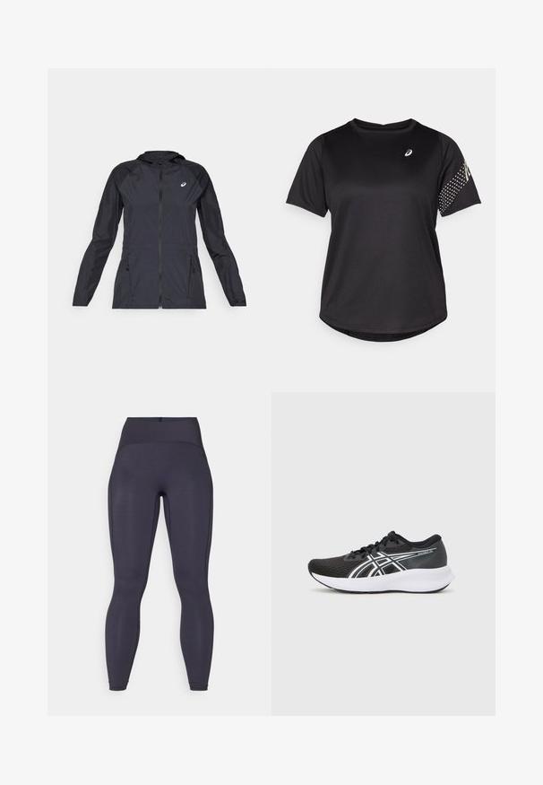 Černá lehká bunda s kapucí, plným zipem, dvěma bočními kapsami a kontrastními černými panely na ramenou a rukávech.; Černé sportovní tričko s krátkými rukávy, kulatým výstřihem, s texturovanou tkaninou a tečkovanými akcenty na pravém rukávu. Logo na hrudi.; Vysoké šedé legíny s hladkým, elastickým materiálem, se bočními švy a otvory na kotníky, bez viditelných log a vzorů.; Černé sportovní boty s texturovaným síťovaným svrškem, bílými akcenty a polstrovanou bílou podrážkou. Obsahují logo na boku a tkaničky.