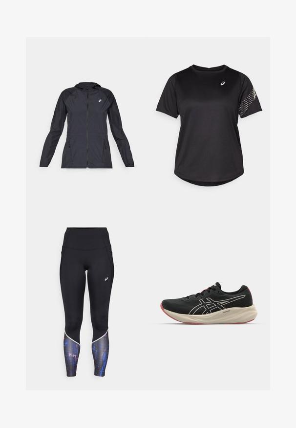 Giacca leggera nera con cappuccio, zip intera, due tasche laterali e pannelli neri a contrasto sulle spalle e sulle maniche.; Maglietta sportiva nera, maniche corte, scollatura rotonda, con tessuto testurizzato e dettagli a pois sulla manica destra. Logo sul petto.; Leggings neri a vita alta con un design aderente, dotati di un elegante motivo colorato nella parte bassa delle gambe e rifiniture bianche lungo le cuciture.; Scarpa da corsa nera con tomaia in rete e dettagli bianchi. Presenta un intersuola ammortizzata e un particolare suola rossa. Design leggero.