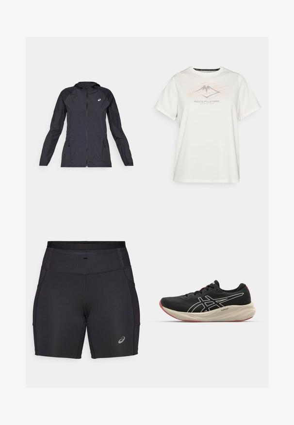 Veste légère noire avec capuche, fermeture éclair intégrale, deux poches latérales et panneaux noirs contrastants sur les épaules et les manches.; ASICS FUJITRAIL LOGO TOP - T-shirt de sport - cream; Shorts de sport noirs en tissu extensible. Dotés d'une taille haute à côtes et de poches latérales. Inclut un accent de logo réfléchissant.; Chaussure de course noire avec un dessus en maille et des accents blancs. Caractéristiques d'une semelle intermédiaire rembourrée et d'un détail de semelle extérieure rouge. Design léger.