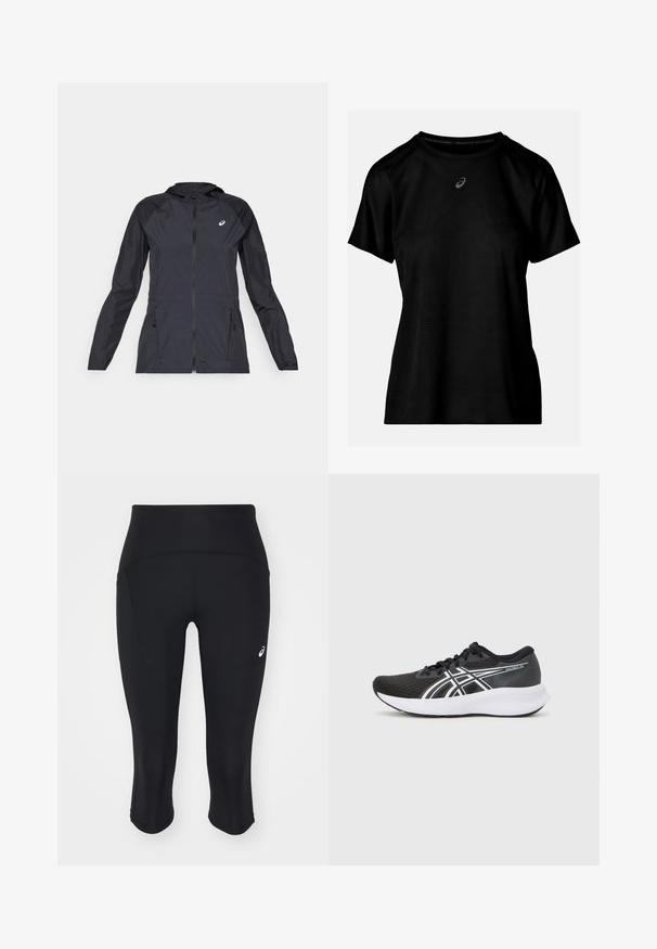 Juoda lengva striukė su kapišonu, pilnu užtrauktuku, dviem šoninėmis kišenėmis ir kontrastingomis juodomis dalimis ant pečių ir rankovių.; Juodas sportinis marškinėlis trumpomis rankovėmis, su tekstūriniu geometriniu raštu, apvaliu iškirpimu ir mažu logo ant krūtinės.; Juodos kapri leggingai, pagaminti iš tampraus materiolo. Juos ypatina aukštas liemuo, šoninė kišenė ir mažas logotipas kairėje klubų pusėje. Lygus paviršius.; Juodi sportiniai bateliai su tekstūruota tinkline viršutine dalimi, baltais akcentais ir paminkštintu baltu padu. Šone yra logotipas ir raišteliai.