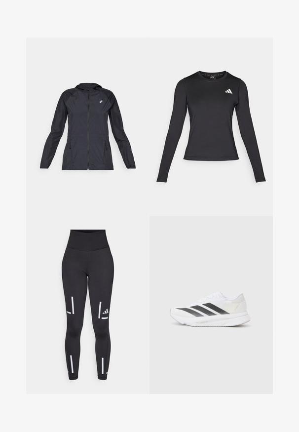 Giacca leggera nera con cappuccio, zip intera, due tasche laterali e pannelli neri a contrasto sulle spalle e sulle maniche.; Maglietta sportiva nera a maniche lunghe realizzata in materiale liscio e elasticizzato. Presenta un logo bianco sul petto. Design aderente con scollatura rotonda.; Leggings neri con un alto punto vita, realizzati in materiale elasticizzato. Presentano strisce bianche verticali e un logo vicino alla caviglia e alla parte superiore della gamba.; Scarpa sportiva bianca con strisce diagonali nere, tomaia in rete, punta arrotondata e suola testurizzata. Gli accenti includono un tallone argentato e un design minimalista.