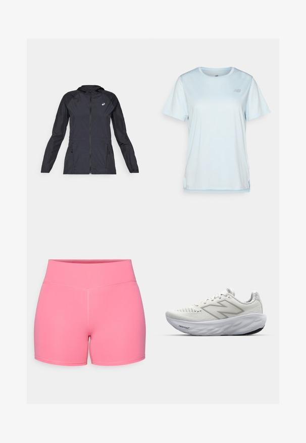 Musta kevyt takki hupulla, täysin vetoketjullinen, kahdella sivutaskulla ja kontrastoivilla mustilla paneeleilla hartioissa ja hihoissa.; New Balance Tekninen t-paita - frosted glass; Vaaleanpunaiset urheilushortsit, joissa on sileä pinta, korkea vyötärö ja litteät saumat. Suunniteltu mukavuutta ja joustavuutta varten fyysisen aktiivisuuden aikana.; Valkoiset urheilukengät, joissa on verkkonauhainen päällinen, pehmustettu kaula, teksturoitu pohja ja "Fresh Foam" -merkintä välipohjassa.