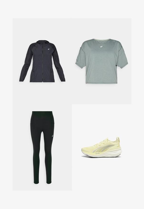 Veste légère noire avec capuche, fermeture éclair intégrale, deux poches latérales et panneaux noirs contrastants sur les épaules et les manches.; ASICS NAGINO RUN TOP - T-shirt de sport - monument blue; Leggings noirs avec un design taille haute, présentant une texture lisse et des poches latérales. Accents réfléchissants subtils et détail du logo présents.; Baskets de sport jaune clair avec une tige texturée, des accents gris et une semelle rembourrée. Dispose d'un laçage et d'une languette au talon.