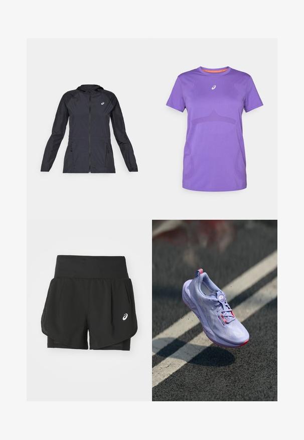 Jachetă ușoară neagră cu glugă, fermoar complet, două buzunare laterale și panouri contrastante negre pe umeri și mâneci.; Tricou sportiv mov din material respirabil. Prezintă un gât rotund, mâneci scurte și un model tonal subtil pe partea din față.; Pantaloni scurți negri de sport, cu un overlay din plasă respirabilă, pantaloni interiori cu textură netedă și un logo alb pe partea stângă.; Încălțăminte de alergare de culoare lavandă deschisă, cu un material superior texturat, accente roz, un mecanism de legare rotund și o talpă cu pete, ridicată deasupra unui fundal de asfalt.