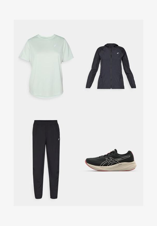 Fekete, könnyű dzseki kapucnival, teljes cipzárral, két oldalsó zsebbel és kontrasztos fekete panelek a vállakon és a ujjakon.; Világos zöld sportpóló, légáteresztő anyagból, kerek nyakkivágással, rövid ujjakkal és egy kis logóval a bal felső részen.; Fekete sportnadrág rugalmas derékkal, keskenyedő lábszárral és összehúzással, könnyű, sima anyagból készült, kis logóval a combon.; Fekete futócipő hálós felsőrésszel és fehér kiegészítőkkel. Párnázott középtalppal és piros talprészi részlettel rendelkezik. Könnyű kialakítás.