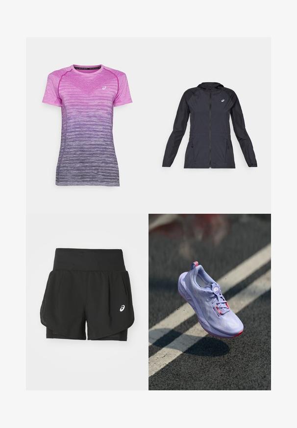 Musta kevyt takki hupulla, täysin vetoketjullinen, kahdella sivutaskulla ja kontrastoivilla mustilla paneeleilla hartioissa ja hihoissa.; ASICS SEAMLESS SS - Tekninen t-paita - bold magenta/blue expanse; Mustat urheilushortsit, joissa on hengittävä verkkopinta, sisäshortsit sileällä pinnalla ja valkoinen logo vasemmalla puolella.; Vaaleanlila juoksukenkä, jossa on teksturoitu yläosa, vaaleanpunaisia aksentteja, pyöreä nauhoitusmekanismi ja pilkullinen pohja, kohoaa asfalttitaustan ylle.