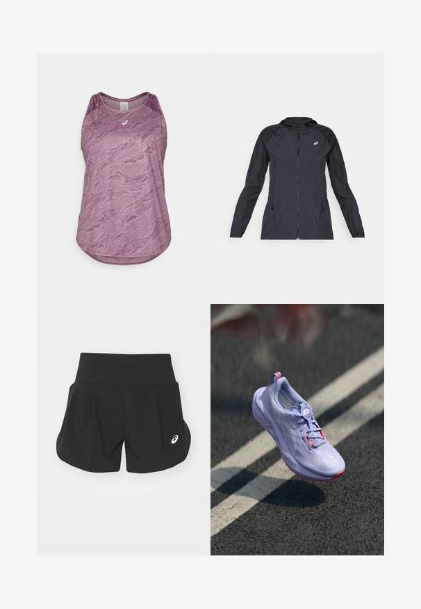 Must tume kerge jope kapuutsiga, täispikk tõmblukk, kaks küljetaskut ja kontrastsed mustad paneelid õlgadel ja varrukatel.; ASICS ROAD ALL OVER TANK - Topp - dusty mauve; Mustad mustrokid, laia vöökoht, pleekud disain ja väike valge logo aktsent vasakul alakul. Pehme, kerge materjal.; Heled hele lilla jooksutoss, millel on tekstuuriga pealis, roosad aktsendid, ümar paelte mehhanism ning täpikate tallaga, tõstetud asfalt taustal.