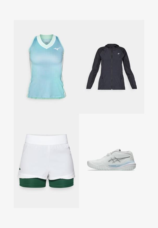 Svart lett jakke med hette, hel glidelås, to sidelommer og kontrasterende svarte paneler på skuldrene og ermene.; Aqua gradient tank topp med glatt stoff, med v-halsdesign, kontrasterende hvit kant og en liten logo på brystet.; Hvite shorts med en ribbet midjebånd, med et indre grønt lag og plisserte detaljer ved kanten. Lacoste-logo på venstre side.; Hvite joggesko med en teksturert overdel, som har en gjennomskinnelig blå såle og subtle gråmerker på siden. Rund tå og lav profil.