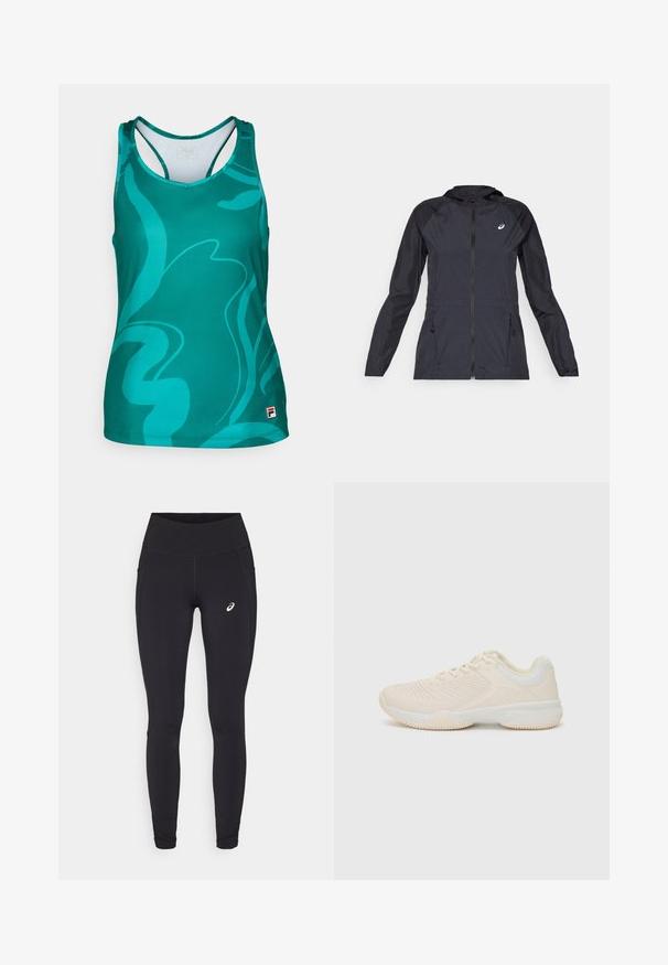 Crna lagana jakna s kapuljačom, punim zatvaračem, dva bočna džepa i kontrastne crne panele na ramenima i rukavima.; Tirkizna majica bez rukava s apstraktnim tamnijim tirkiznim uzorkom spirala i malim FILA logotipom na donjem lijevom rubu prednje strane.; ASICS NAGINO RUN - Tajice za trčanje - performance black; Svijetlo bež atletska cipela s teksturiranim gornjim dijelom, kontrastnim bijelim detaljima, okruglim vrhom i fleksibilnom gumenenom potplatu.