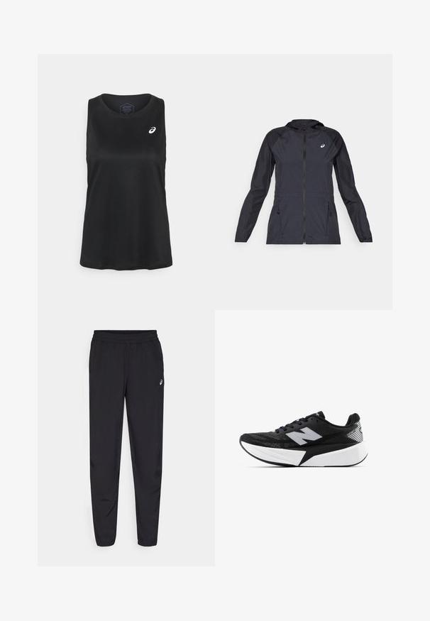 Schwarze leichte Jacke mit Kapuze, durchgehendem Reißverschluss, zwei Seitentaschen und kontrastierenden schwarzen Einsätzen an Schultern und Ärmeln.; ASICS CORE TANK - Top - performance black; Schwarze Sporthosen mit einem elastischen Bund, schmal zulaufenden Beinen mit Bündchen, aus leichtem, glattem Material und einem kleinen Logo am Oberschenkel.; Schwarzer und weißer New Balance Laufschuh mit dicker Sohle, Mesh-Obermaterial und "N"-Logo an der Seite, von der Außenseite betrachtet.