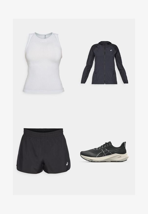 Black lightweight jacket with a hood, full zipper, two side pockets, and contrasting black panels on shoulders and sleeves.; White fitted sleeveless top with ribbed texture, round neckline, and subtle logo detail. Smooth fabric and minimalist design.; Black athletic shorts with an elastic waistband, smooth texture, curved hem, and side mesh accents. Features a small logo on the front.; Black athletic shoe featuring a sleek design, curved sole, and a textured upper with contrasting white accents on the side.