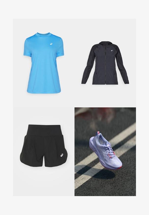 Črna lahka jakna s kapuco, popolnim zadrgo, dvema stranskima žepoma in kontrastnimi črnimi paneli na ramenih in rokavih.; Modra kratka športna majica s kratkimi rokavi, okrog limi, gladke teksture in mrežastimi poudarki na ramenih. Ima majhen bel logotip na prsih.; Črne športne kratke hlače s širokim pasom, nabranim dizajnom in majhnim belim logotipom na spodnjem levem delu. Mehka, lahka tkanina.; Svetlo vijoličasti tekaški čevlji z teksturiranim zgornjim delom, rožnatimi poudarki, okroglim sistemom vezanja in pegastim podplatom, dvignjeni nad ozadjem asfaltne površine.