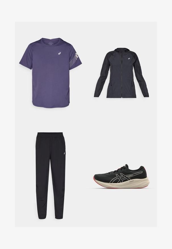 Must tume kerge jope kapuutsiga, täispikk tõmblukk, kaks küljetaskut ja kontrastsed mustad paneelid õlgadel ja varrukatel.; Lilla sportlik T-särk lühikeste varrukatega, tekstuurse kangaga, ümmarguse kaelusega ja rinnal logoga. Varruka peal on täpiline muster.; Mustad mustrisokid, millel on elastne vöökoht, kitsenevad sääred, millel on soonikud, valmistatud kerge, siledast materjalist ning väike logo reie peal.; Musthave mustuskingad, millel on võrkkangas ülakeha ja valged detailid. Omab pehmendatud vahetald ja punaseid detailid tallal. Kerge disain.