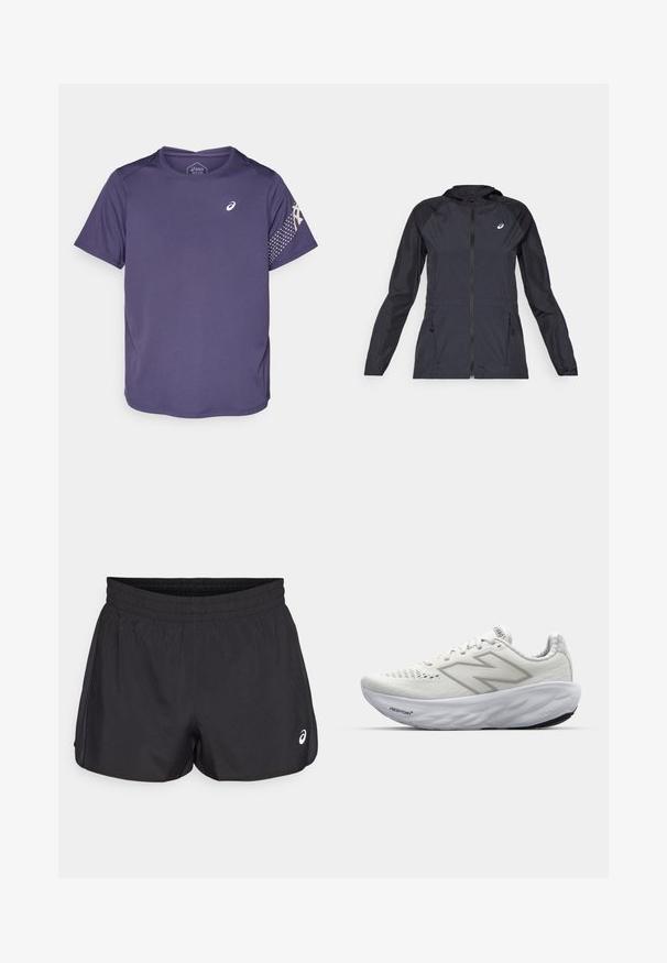 Černá lehká bunda s kapucí, plným zipem, dvěma bočními kapsami a kontrastními černými panely na ramenou a rukávech.; Fialové sportovní tričko s krátkými rukávy, texturovaná tkanina, kulatý výstřih a logo na hrudi. Na rukávu je vzor s puntíky.; Černé sportovní šortky s elastickým pasem, hladkým povrchem, zakřiveným lemem a bočními mesh akcenty. Na přední straně je malá nášivka s logem.; Bílé sportovní boty s síťovaným svrškem, vybavené polstrovaným límcem, texturovanou podrážkou a logem "Fresh Foam" na mezipodešvi.