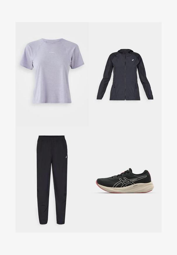 Svart lett jakke med hette, hel glidelås, to sidelommer og kontrasterende svarte paneler på skuldrene og ermene.; Kortermet lavendel treningstrøye laget av lett stoff med en teksturert mønster; har raglanærmer og en liten logo foran.; Svart idrettsbukser med elastisk linning, smale ben med mansjetter, laget av et lett og glatt materiale, med en liten logo på låret.; Svart løpesko med mesh-overdel og hvite detaljer. Har en polstret mellomsåle og røde såledetaljer. Lett design.