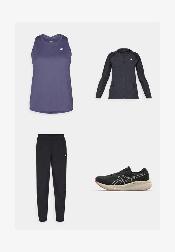 Sort letvægtsjakke med hætte, fuld lynlås, to sidelommer og kontrastfarvede sorte paneler på skuldre og ærmer.; Lilla ærmeløs atletisk top lavet af letvægtsstof, med en rund halsudskæring og subtile brandlogo på forsiden.; Sorte træningsbukser med elastisk talje, smalnende ben med manchetter, lavet af et let og glat materiale, og med et lille logo på låret.; Sort løbesko med mesh-overdel og hvide detaljer. Har en polstret mellemsål og røde ydersåledetaljer. Letvægtsdesign.