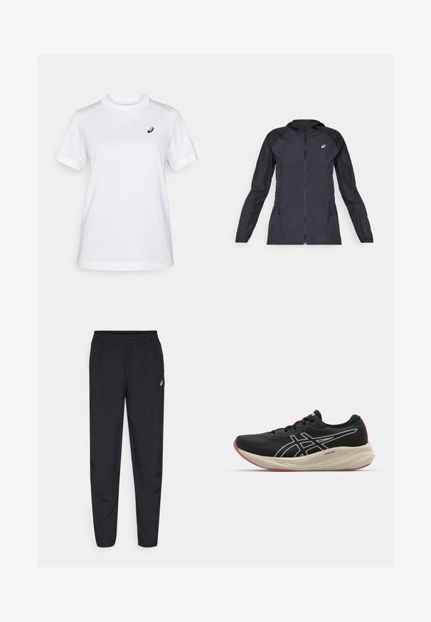 Must tume kerge jope kapuutsiga, täispikk tõmblukk, kaks küljetaskut ja kontrastsed mustad paneelid õlgadel ja varrukatel.; ASICS COURT TOP - Spordi T-särk - brilliant white; Mustad mustrisokid, millel on elastne vöökoht, kitsenevad sääred, millel on soonikud, valmistatud kerge, siledast materjalist ning väike logo reie peal.; Musthave mustuskingad, millel on võrkkangas ülakeha ja valged detailid. Omab pehmendatud vahetald ja punaseid detailid tallal. Kerge disain.